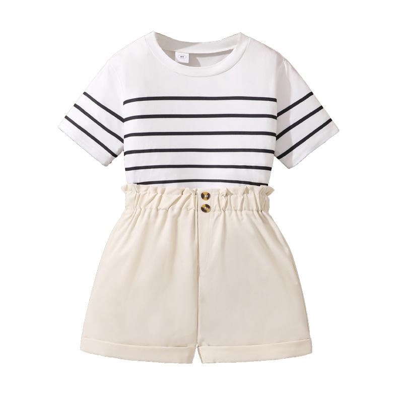Girls' Fashion Suit Summer Children's Casual Striped Short-sleeved Top Sweet Bud Shorts Two-piece Suit