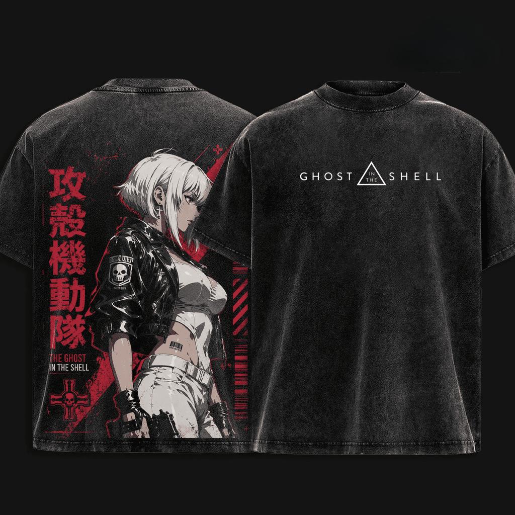 Anime Ghost in the Shell Printed T-shirt Gothic Y2k Vintage Washed T Shirt Short Sleeve Pure Cotton Tees Streetwear Men Clothing