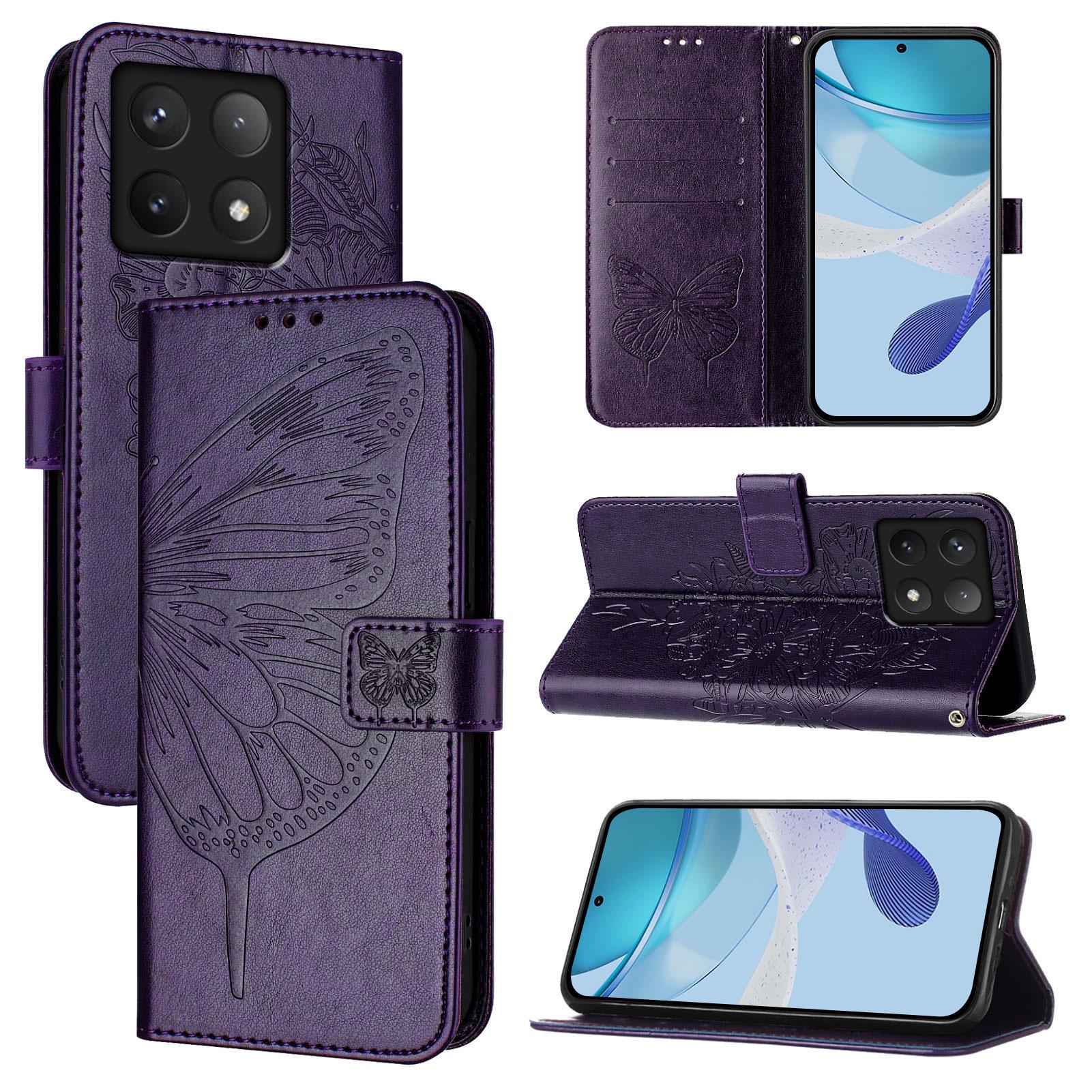 For Xiaomi 14T Wallet Case with Wrist Strap Butterfly Imprint Leather Phone Cover H