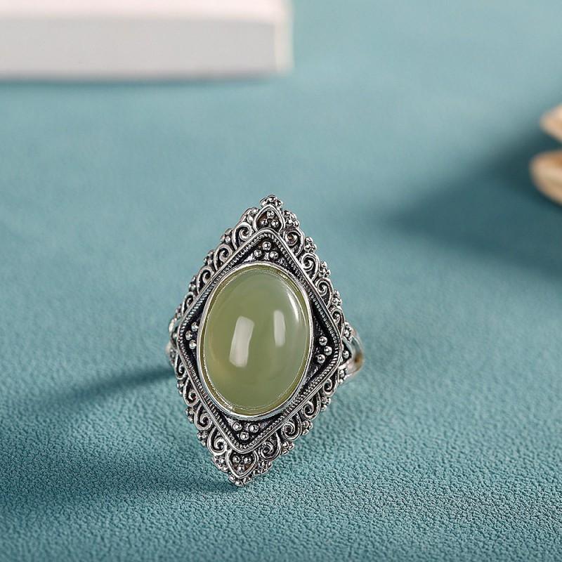 Adjustable Open Ring Women Men Vintage Geometric Design Copper Jewelry With Green Jade Accent