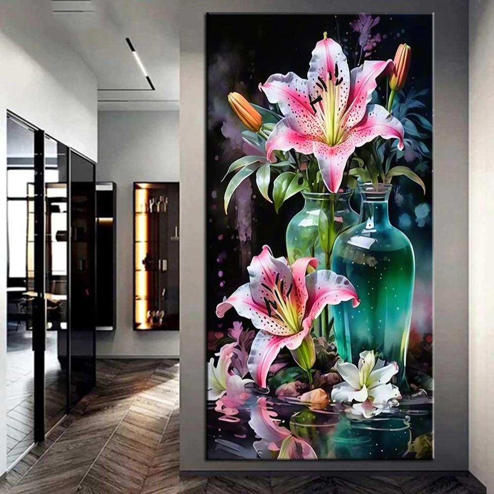 Diy Large Size Colored Pink Lily Flower Diamond Painting Art Kits 5D Full Diamond Mosaic Embroidery Rhinestone Picture Wall Decor J3990