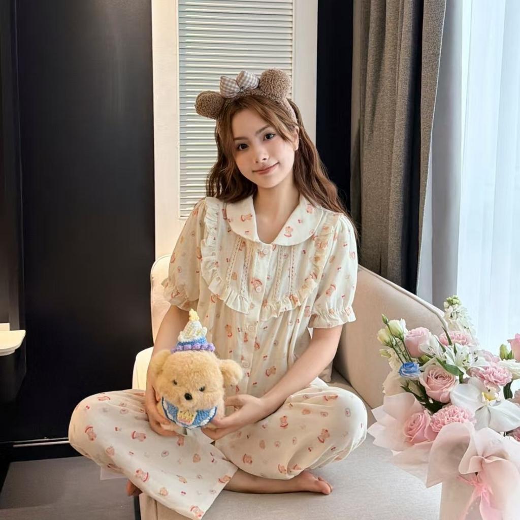 Sweet floral cotton yarn pajamas women's summer new short-sleeved trousers loungewear suit cute girl style can be worn outside