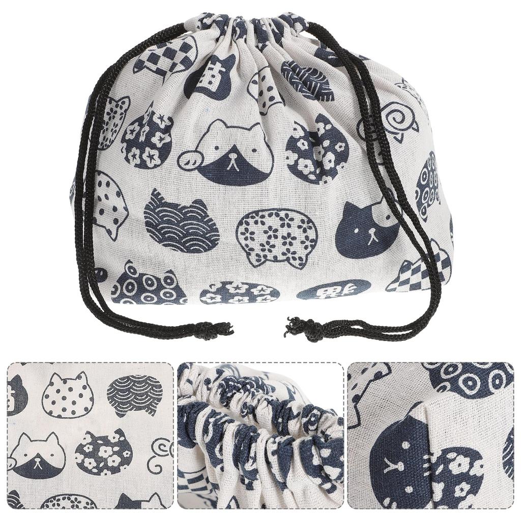 ledmomo Lunch Cat Cute Storage Bag Children's Double-Layered Bag, Thick, Japanese-Style Drawstring, Print,