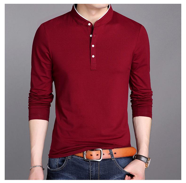 Men's Slim Fit Korean Style Stand-Up Collar Long Sleeve T-Shirt, Solid Color Spring Fashion