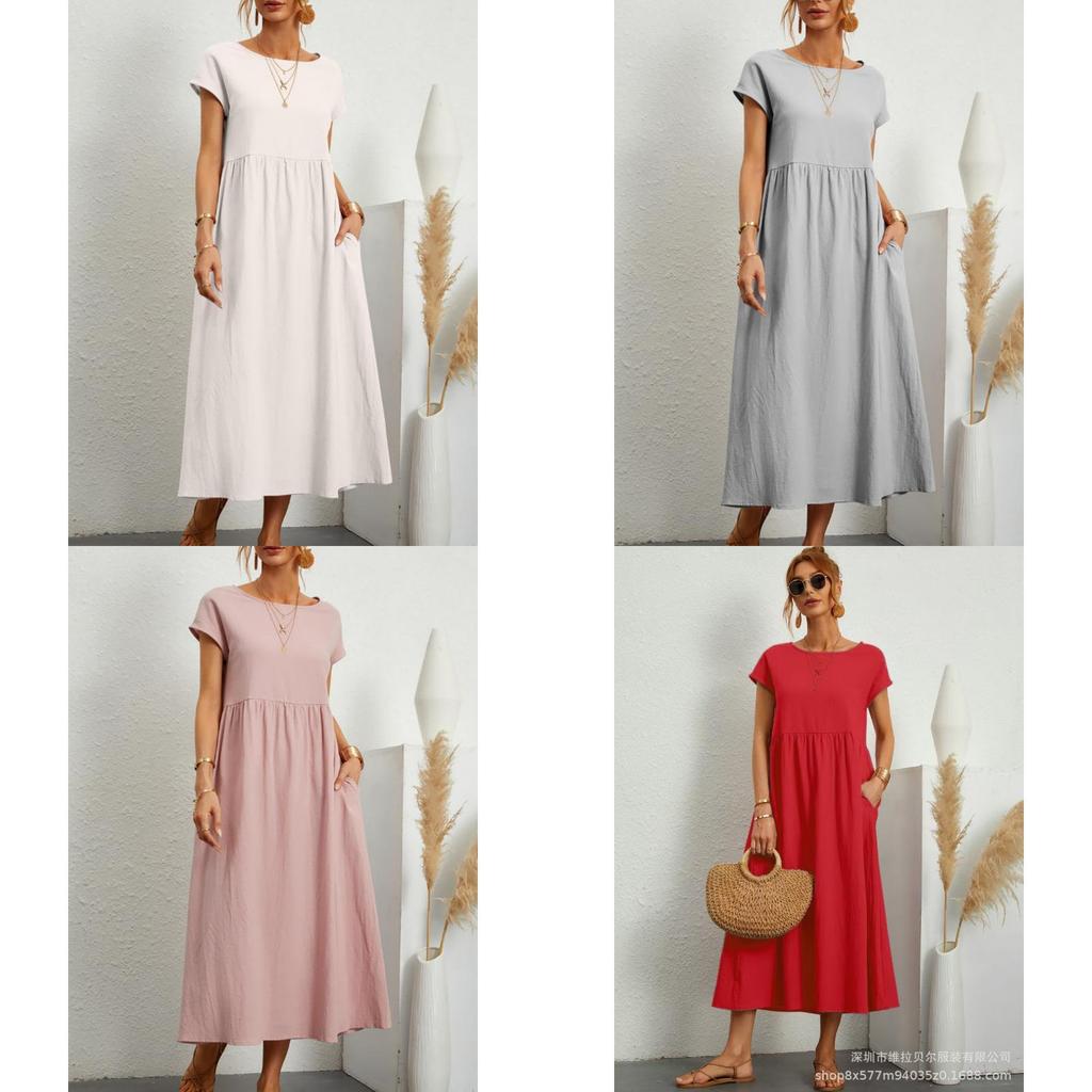 Minimalistisches Baumwoll-Leinen-Kleid mit Taschen für den Frühling, Freizeitkleidung