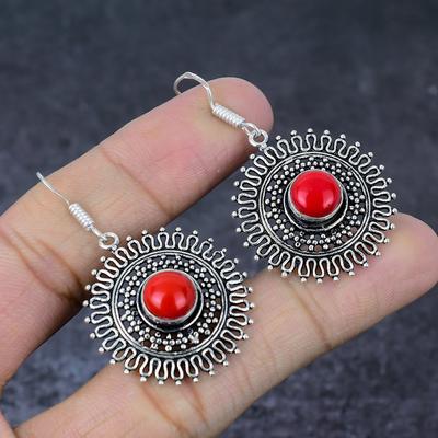 Italian Coral Gemstone Handmade 925 Sterling Silver Gift Jewelry Earring 2" f9W79