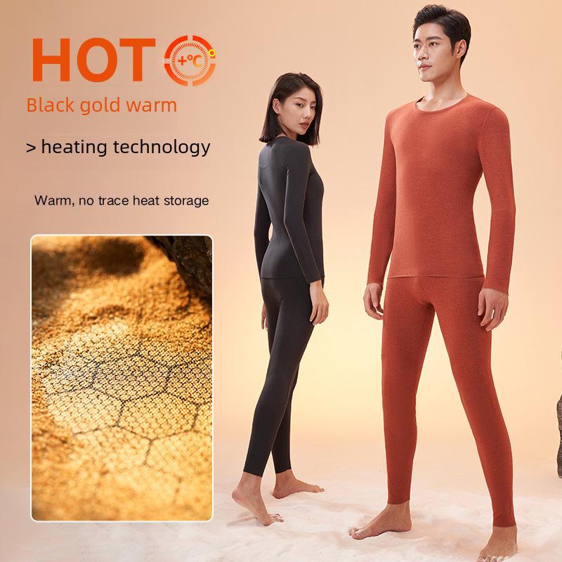 Men's Black Gold Cashmere Silk Thermal Underwear Set - High Elastic, Thick Autumn Round Neck Top and Pants