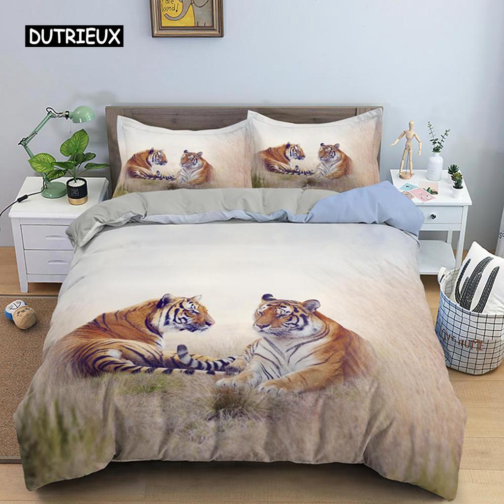 Tiger Duvet Cover Set King Size Wild Theme Bedding Set Animal Pattern Comforter Cover Animal Theme Sunset Polyester Quilt Cover