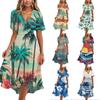 Women V Neck Short Sleeve Casual Dress Summer Hawaiian Print Midi Dress Loose Fit Lightweight Soft Fabric Flowy Skirt Beachwear