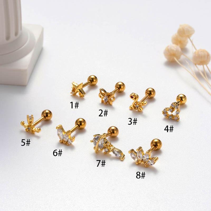 Stainless Steel Heart & Butterfly Zircon Cartilage Stud Earrings