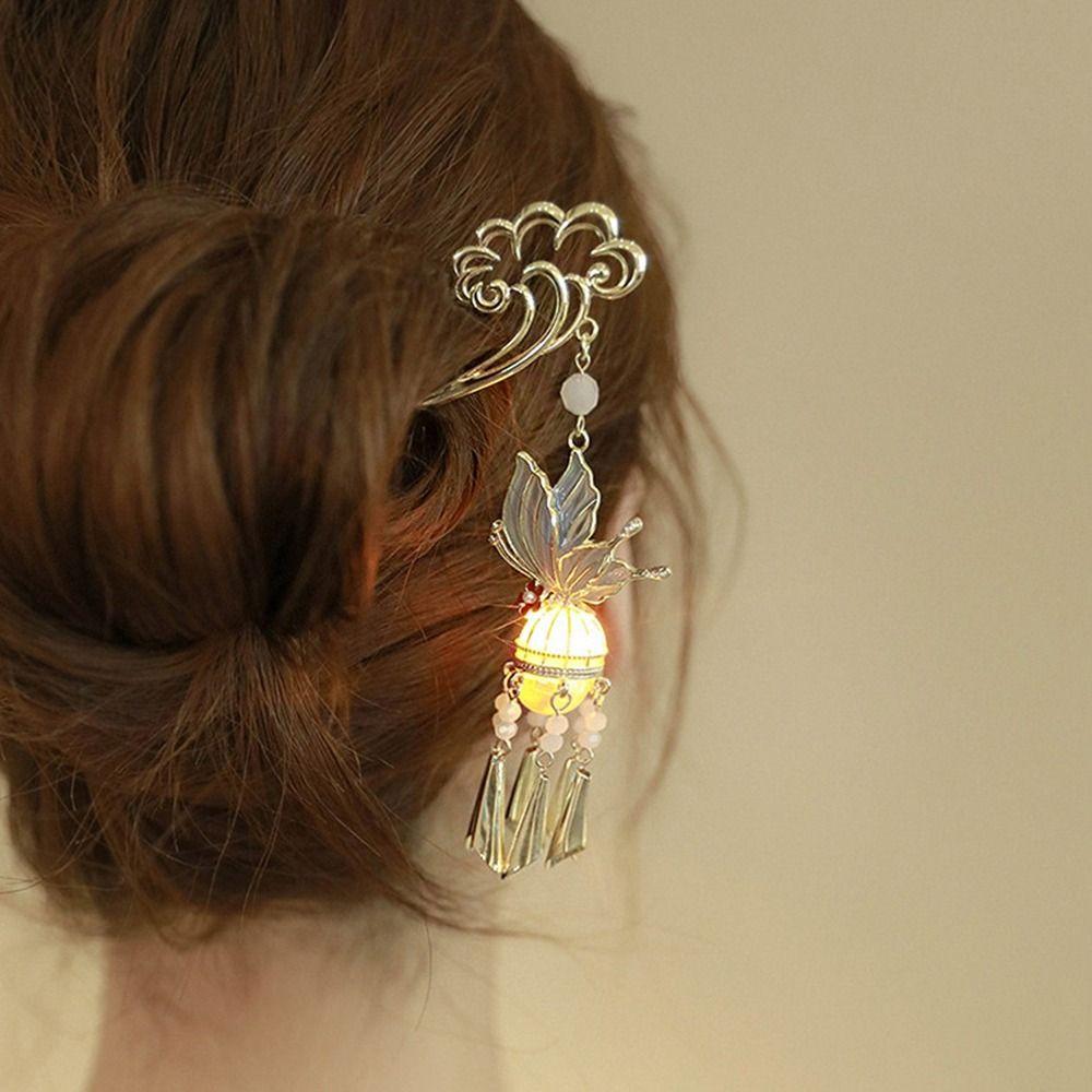 Pearl Glowing Lantern Hairpin Luminescent Hanfu Hair Clip Butterfly Hairpin  Girl Hair Accessories