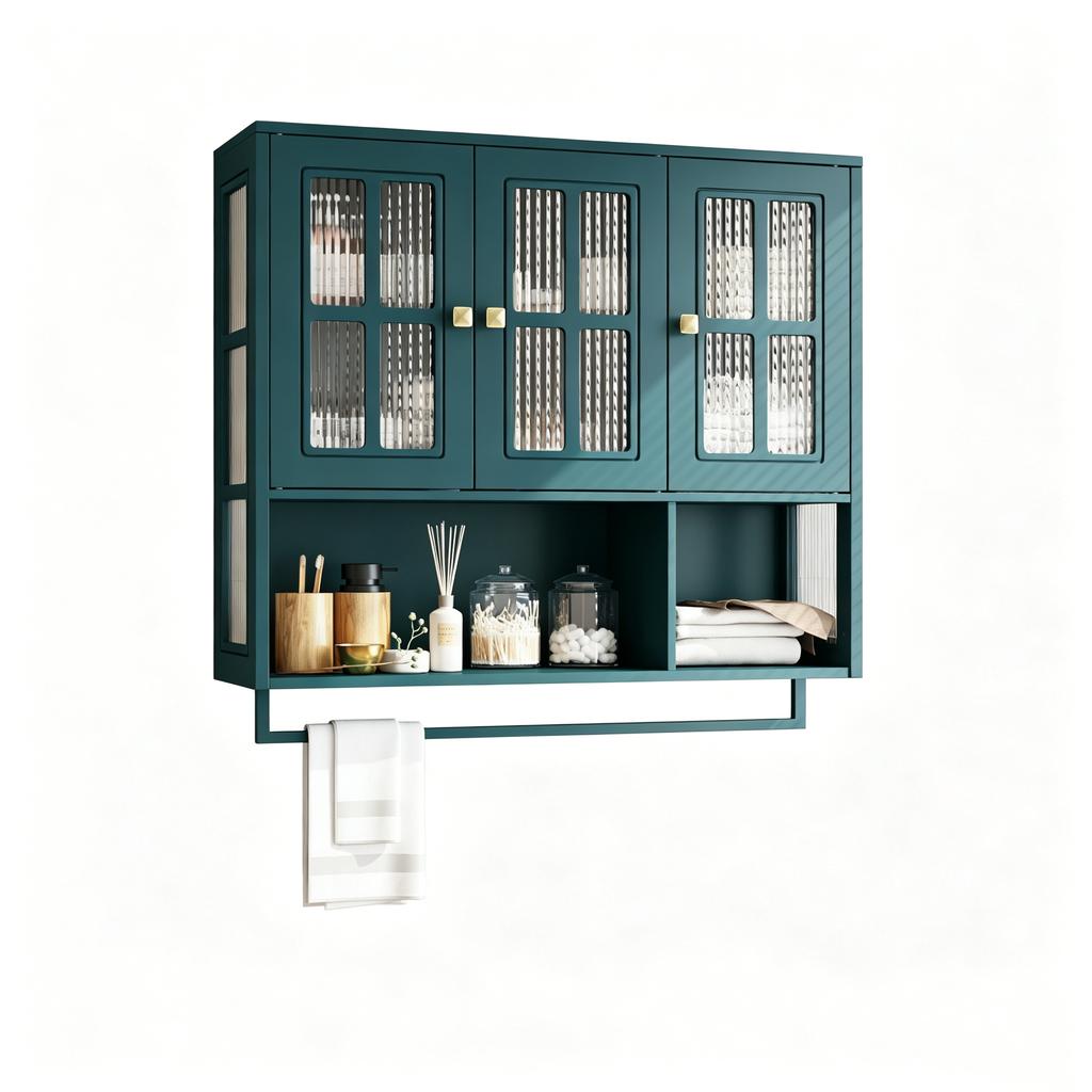 Bathroom Wall Cabinet, 3-Door, Open and Hidden Storage, Glass Door, Towel Bar, for Entryway Living Room Bathroom Dining Room, Dark Green
