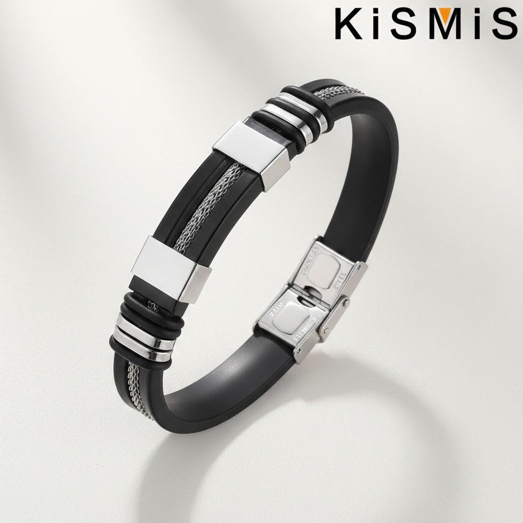 

Men s Adjustable Silicone Bracelet Stainless Steel Cuff Wristband Trendy Jewelry Accessories for Men 1PC чёрный