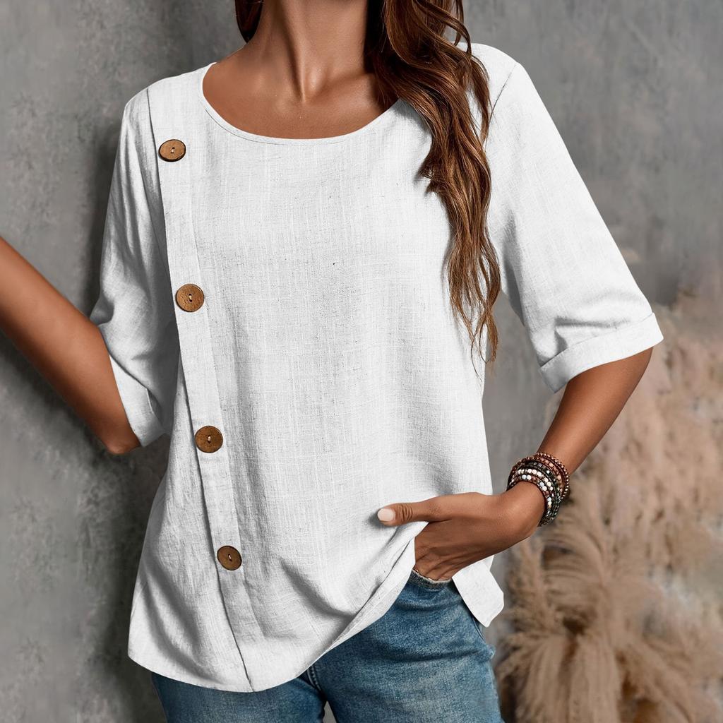New Women's Cotton And Linen Button,down Casual Top