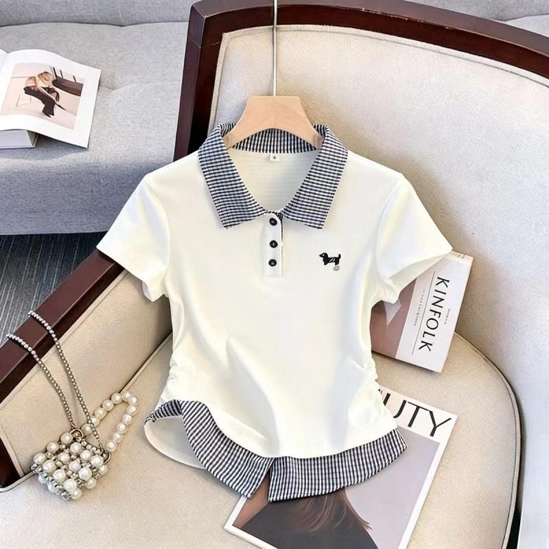Girls Fake Two Piece Polo Shirt Medium Large Kids Collar Short Sleeve T Shirt Casual Top