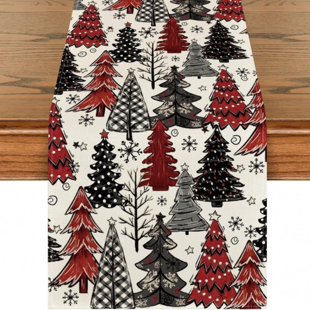 Festive Snowman Christmas Tree Table Runner Home Kitchen Dining Tablecloth for Party Decoration