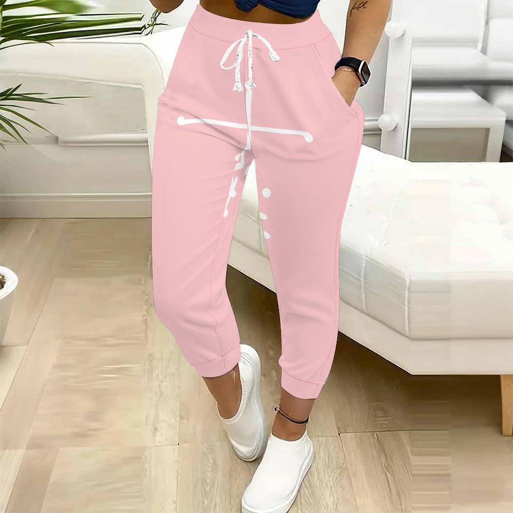 Sommer Damen Retro Print Jogginghose Lockerer Schnitt Kordelzug Jogger Elastischer Bund Tägliche Freizeit Hose