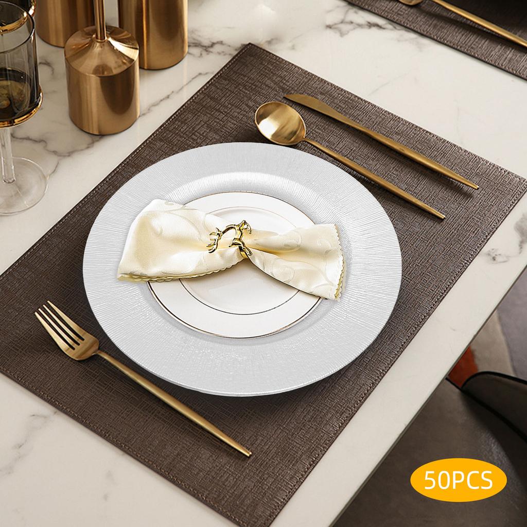 50pcs Silver Charger Plate Set - Round Modern Disposable Plates for Wedding, Party, Banquet - Elegant PP Plastic Serving Trays