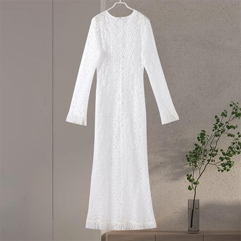 Sexy Tassel Hallow Out Midi Dress Women Solid Long Sleeve O-neck Holiday Slim Dresses Female 2024 Summer Fashion Crochet Robe