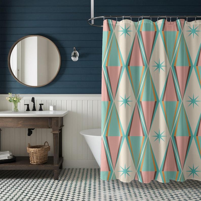 

Mid Century Modern Retro Geometric Shower Curtain Vintage 50S Mcm Green Pink And Cream Quirky Bath Decor Colorful Shower Curtain W90XH180cm