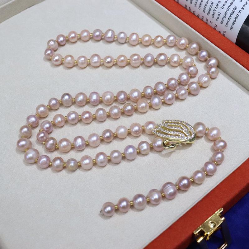 Zhuji Women's Freshwater Pearl Sweater Chain, 8-9mm Near Round Pearls with Slight Imperfections, Niche Style Versatile Jewelry.