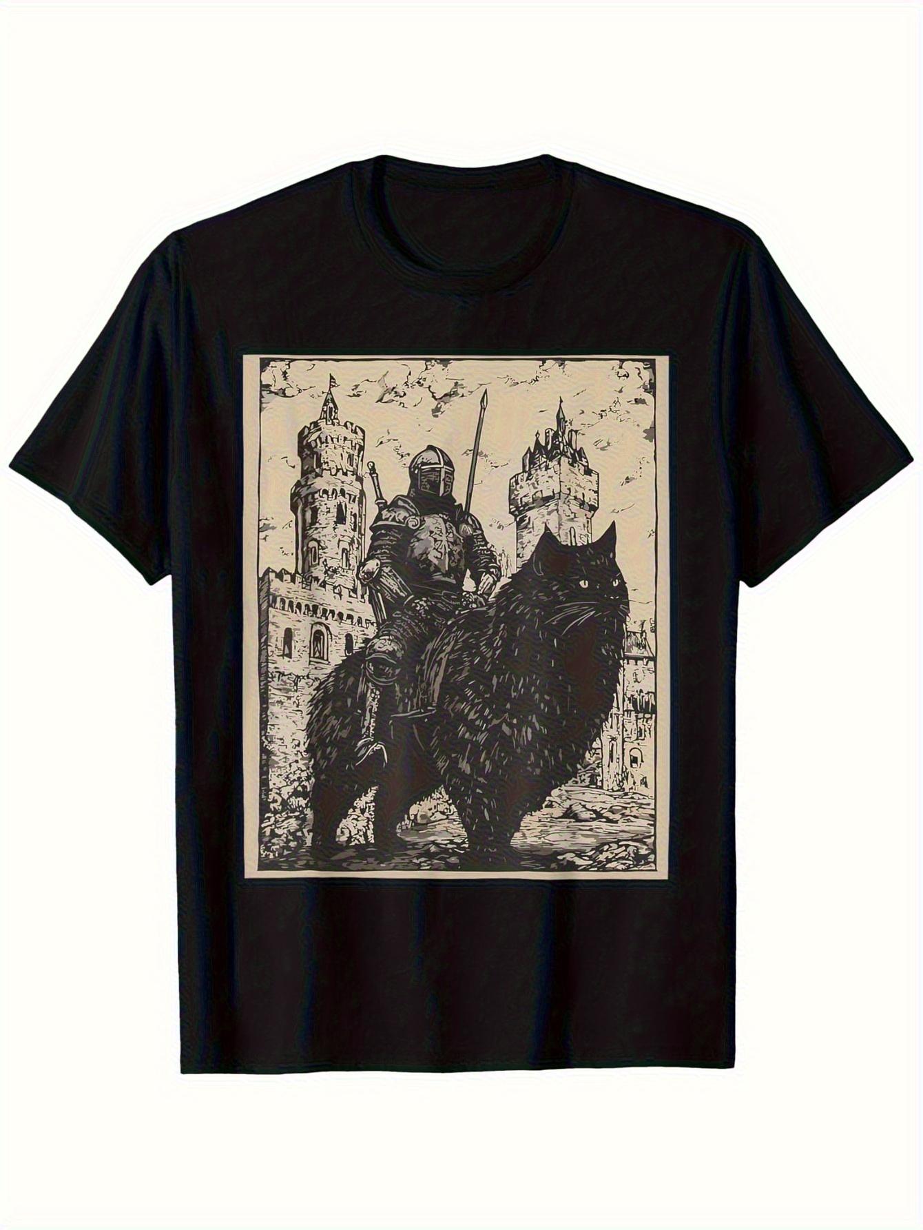 

Men Vintage Medieval Knight Black Cat Graphic T-Shirt - Retro 90s GothicCastle Design Soft Breathable Tee for Cosplay 4XL