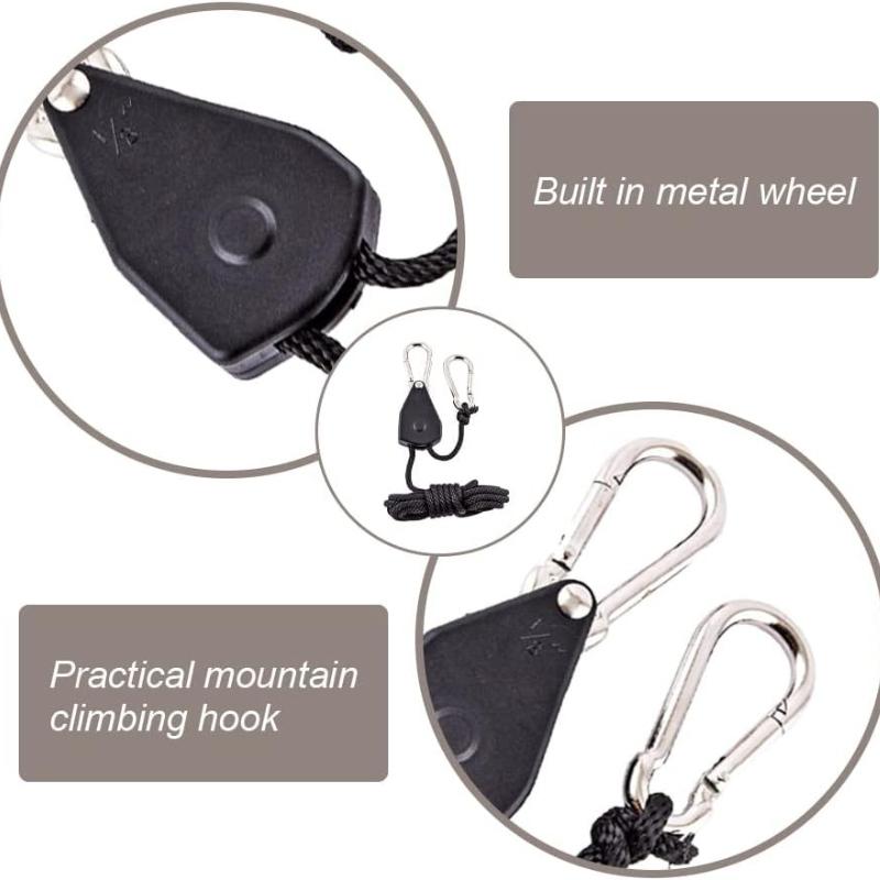 2 Pack 1/8in Heavy Duty Rope Hanger, Ttdesefu Adjustable Ratchet Plant Light Slings Buckle Tent Canopy Rope Stop Buckle Tent Guy Ropes with Pulley for