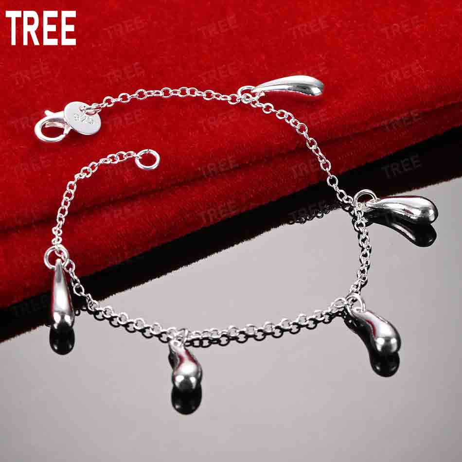 925 Sterling Silver Raindrop Side Chain Beautiful Bracelet Gift Jewelry 20CM