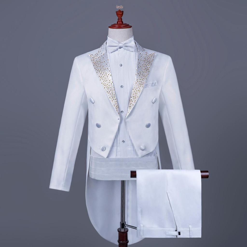 Men's Black and White Rhinestone Tailcoat for Magician, Singer, or Conductor - Formal Performance Wear