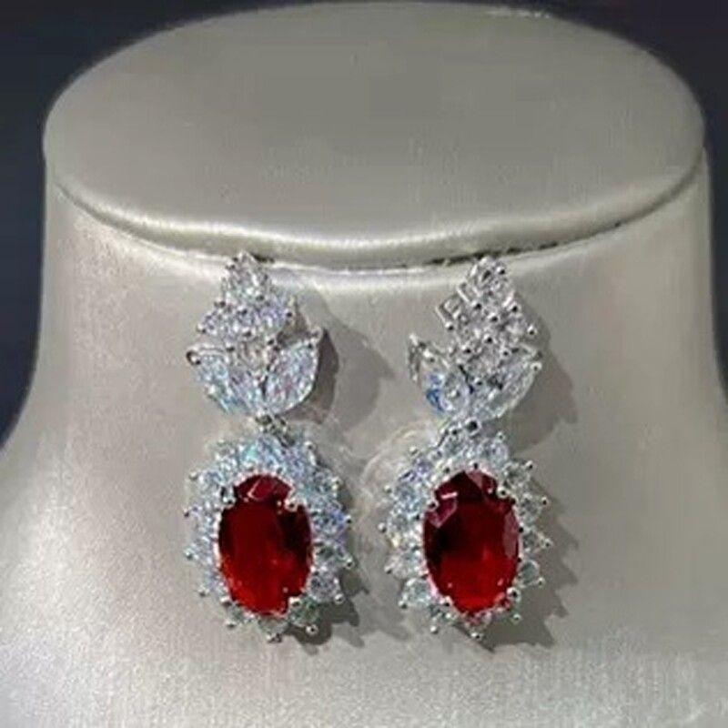 European and American High End Luxury Simulation Ruby Necklace Earrings Ring Women Colored Gems Zircon Bridal Banquet Formal Dress Set