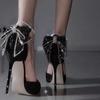 French Pointy Shallow Mouth Temperament Elegant Sequin Bow High Heels Women's Fine Heel Pearl Line with A Single Shoe