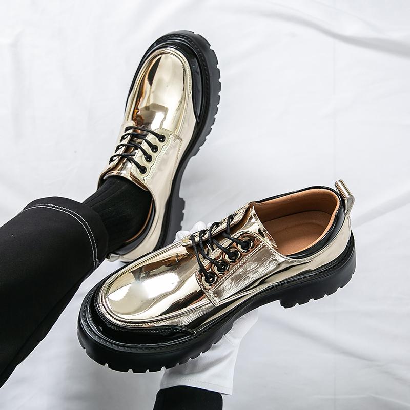 2025Men's Smooth Patent Leather Brogue Shoes Thick-soled Fashionable Oxford Shoes with Metal Trim Round-oed Lace-up Casual Shoes