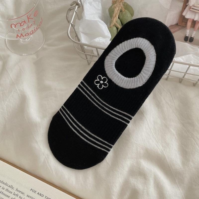 Small Floral Striped Women's Invisible Socks, Breathable Summer Lightweight Short Socks, Pure Cotton, Anti-slip, No Heel Coming Off.