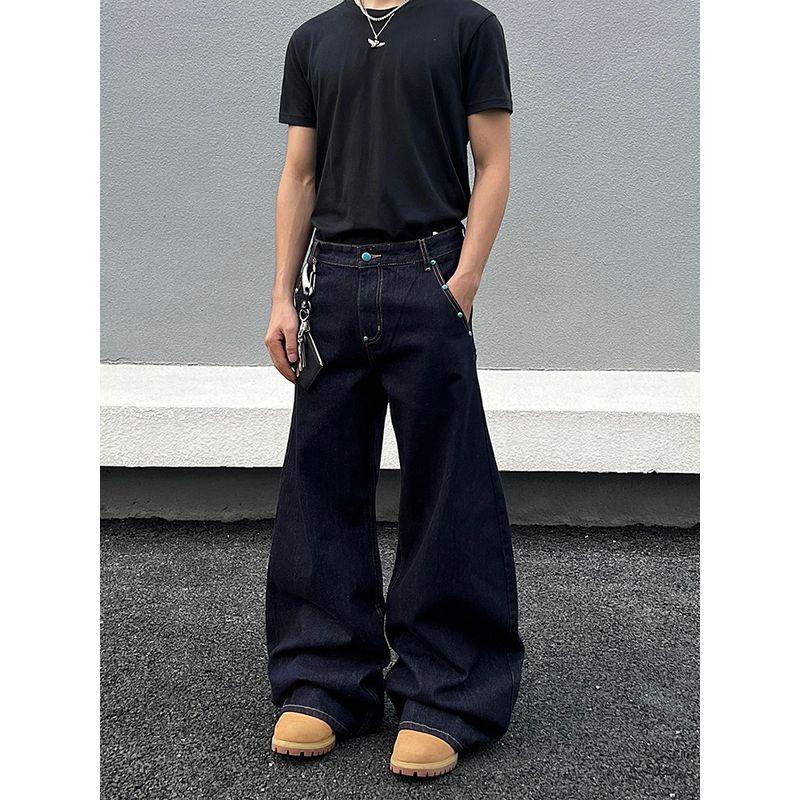 Blaexit Retro Turquoise High-End Denim Blue Jeans for Men and Women, Straight-Leg Loose Original Denim Color Wide-Leg Pants