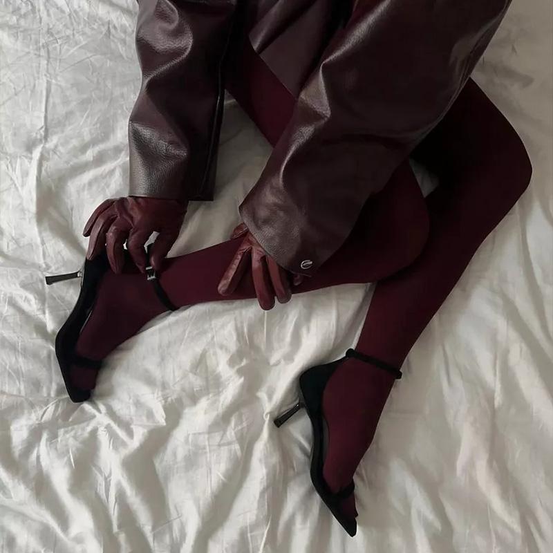 80D Velvet Burgundy Semi Opaque Nylon Tights For Women Control Top Pantyhose With Toes High Waist High Elastic Tights