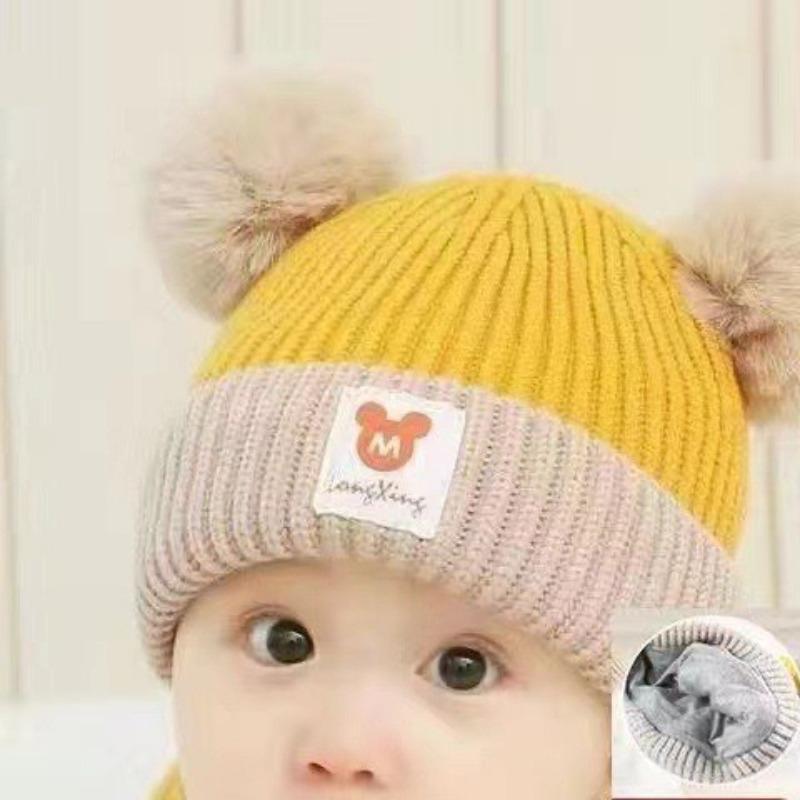 Baby autumn and winter cute cartoon warm hairball wool hat boys and girls baby ear protection hat children pullover knitted hat