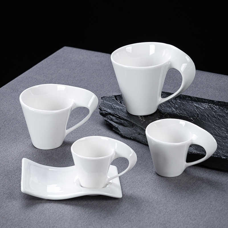 Set di Tazze da Caffè in Ceramica Europea con Piatto Ondulato 80 100 180 e 280ml Moderno Minimalista Bianco Cappuccino Latte Piatto da Dessert