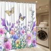 Colorful Butterfly And Flowers Shower Curtain Vibrant Garden Pattern On White Background Waterproof Easy To Install Non-Toxic
