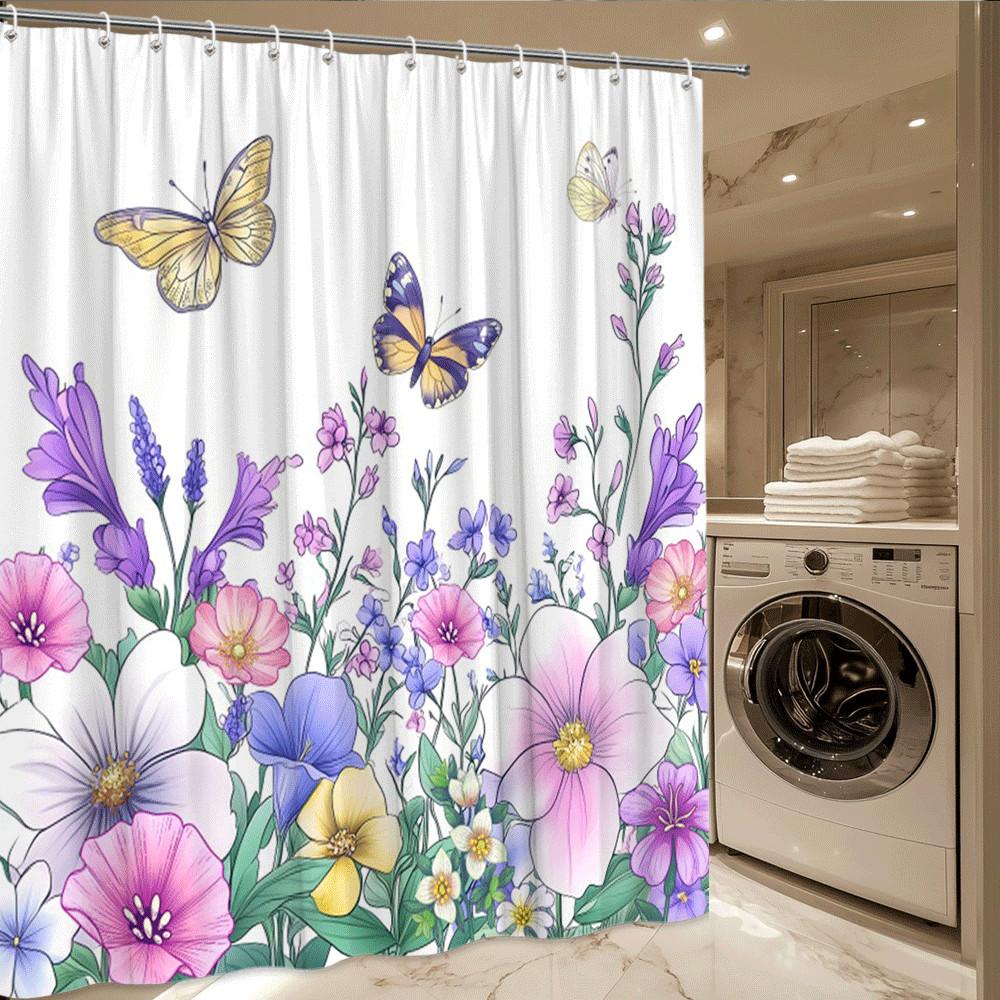 Colorful Butterfly And Flowers Shower Curtain Vibrant Garden Pattern On White Background Waterproof Easy To Install Non-Toxic