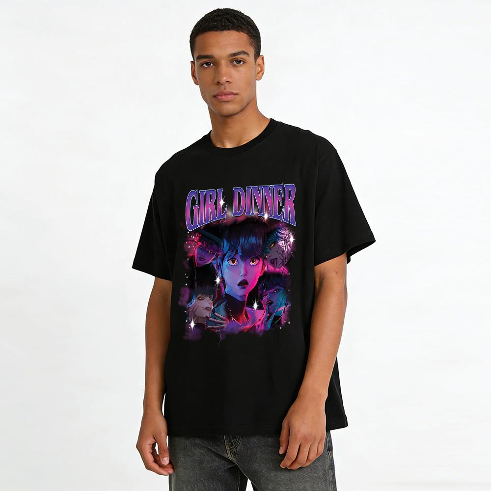 Vintage Girl Dinner Vampire Anime Print T-Shirt Unisex Street Trendy Loose Top Pure Cotton T-shirt