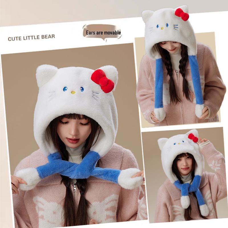 Women's Warm Fleece Cartoon Cat Hat with Moving Ears & Ear Muffs for Autumn/Winter