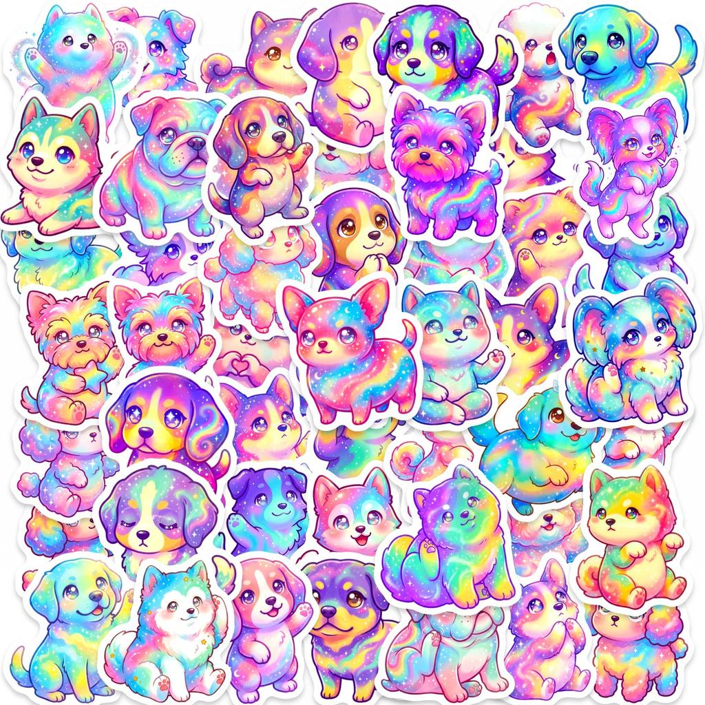 50 Soft Cute Colorful Dog Cartoon Stickers Healing System Gradual Change Rainbow Water Cup Hand Account Decorative Stickers