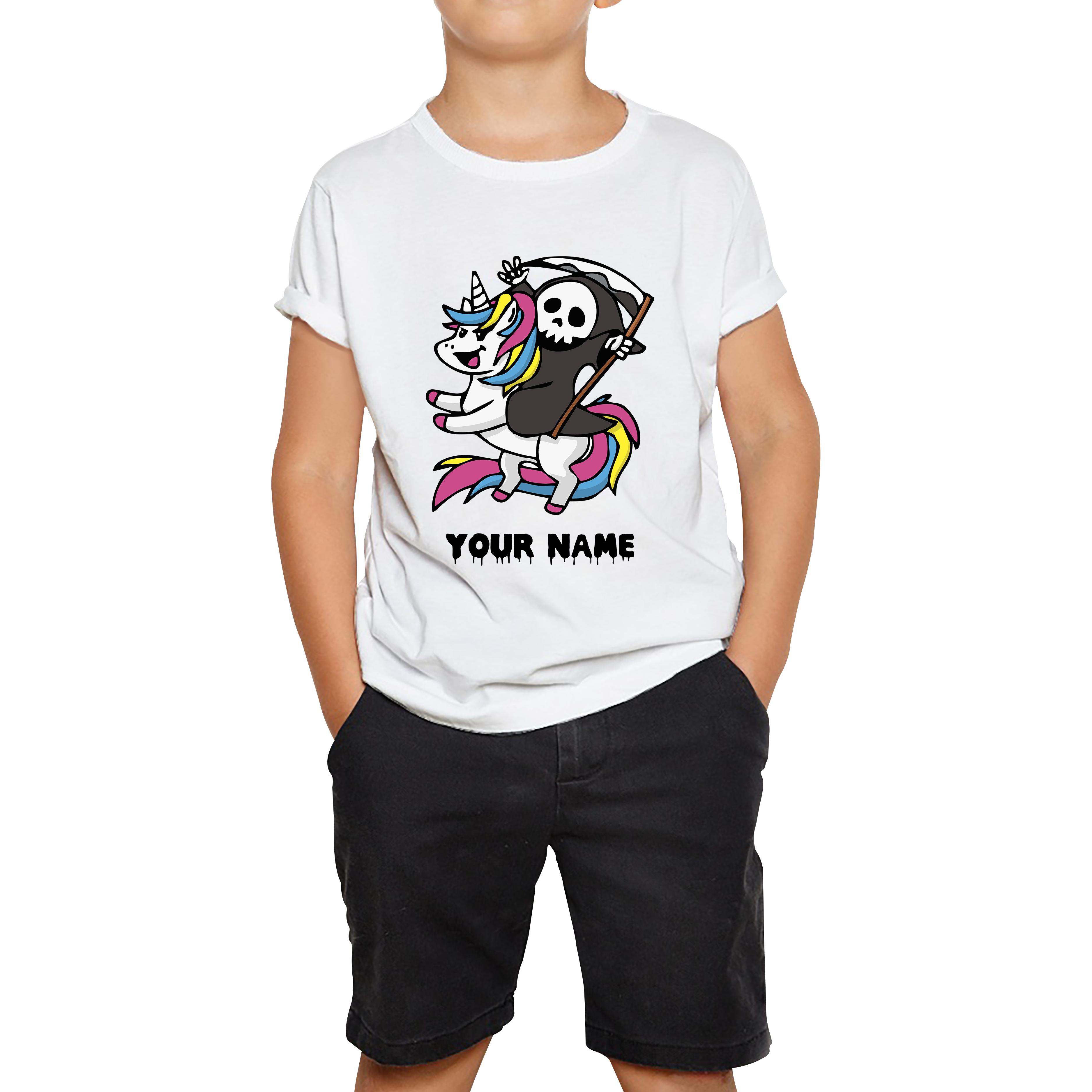 

Personalised Cute Death Riding A Kawaii Unicorn Your Name Kids Tee 110