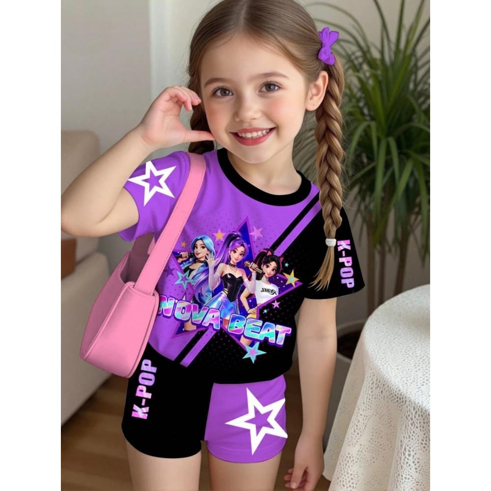 K-Pop-Cartoon-Grafik-T-Shirt- und Hosen-Set für Mädchen, Sommerkleidung für Mädchen, süßes Kurzarm-Set, Kinder-T-Shirt- und Shorts-Set