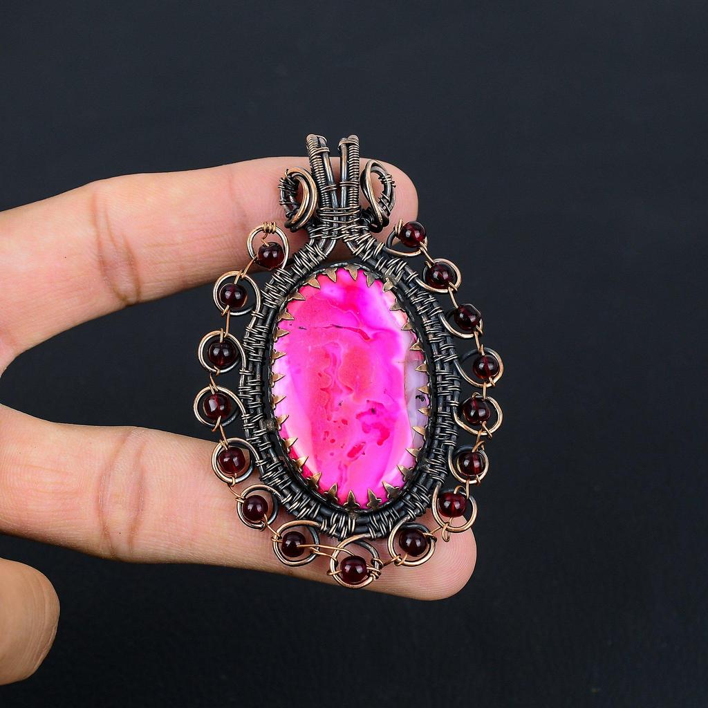 Pink Dendrite Opal Gemstone Pure Copper Wire Wrapped Handmade Pendant Jewelry