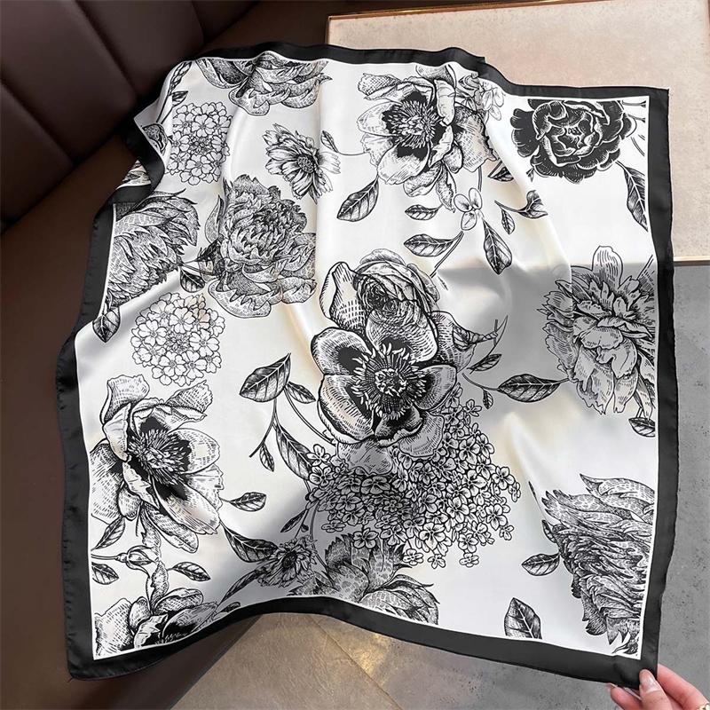 

Monochrome Botanical Designer Print Scarf Women Silk Scarves Luxury Bandana Hijab Neckerchief Shawl Kerchief Hair Band Foulard 70x70cm
