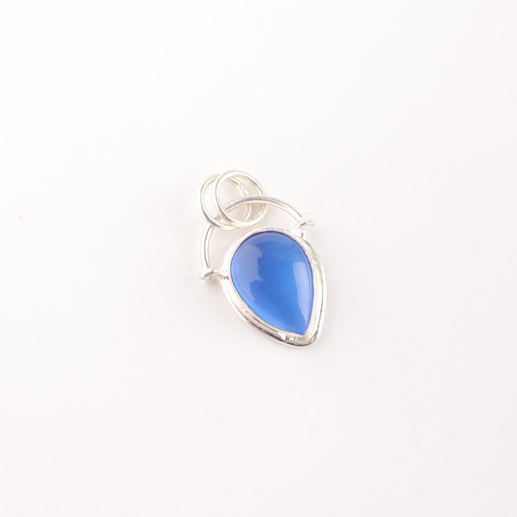 Dark Blue Cat's Eye Gemstone 925 Stamped Silver Jewelry Handmade Unique Pendant PP-56-37