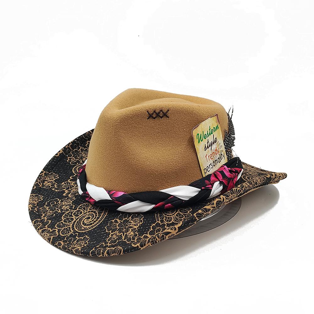 

Printed Fedora Western Cowboy Hat Flower Painted Jazz Hat Men and Women Cowboy Hat Wide Brim Fashion Hat Feather Accessories 56-58CM
