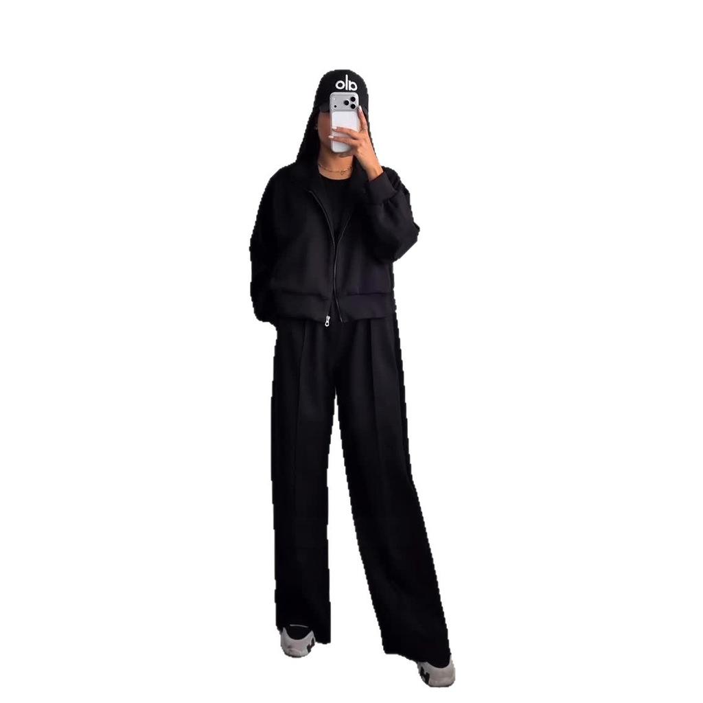 2025 Cross-border European and American Autumn New Cardigan Lapel Sports Zipper Jacket Waist Wide-leg Pants Women's Clothing