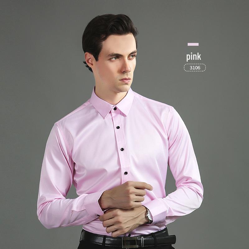 Men's Korean Style Slim Fit Solid Color Iron-Free Stretch Breathable Business Casual Long Sleeve White Shirt.